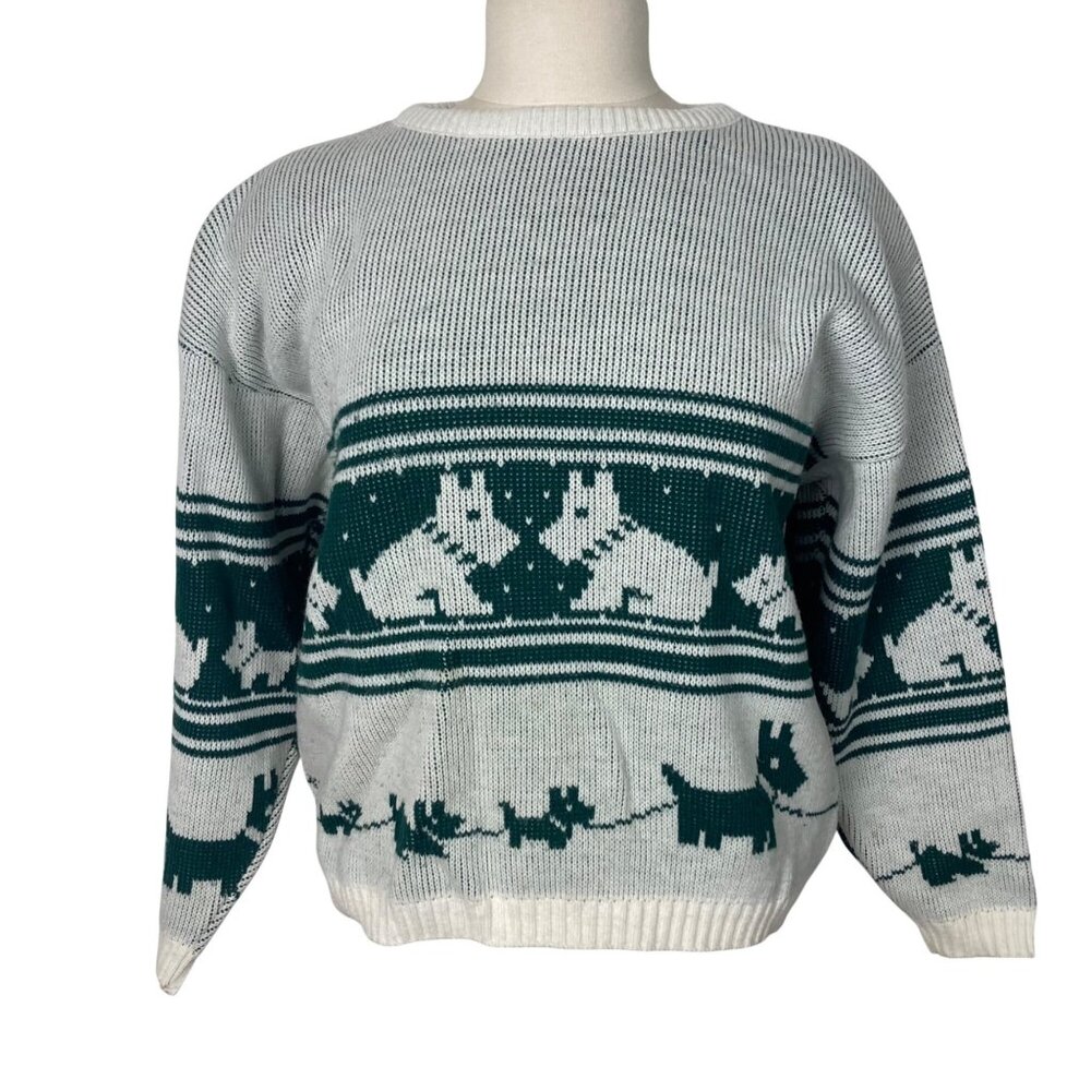 Vintage 80s Westie Scottie Dog Sweater Womens Medium Green Beige Pullover